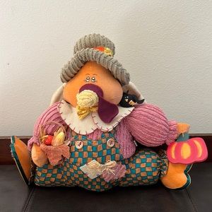 Vtg Stuffed Turkey in Overalls w/Corn Basket Holding Pumpkin & Crow on Shoulder